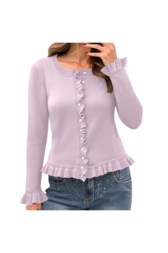 Women's Solid Color Round Neck Knitted Sweater Button Up Cardigan Top Wave Lace Long Sleeve Round-Neck Cardigan Knit Sweater Fall Winter Trendy Outerwear Travel Clothes Women Fitted Tops
