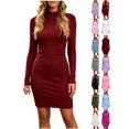 thumbnail image 1 of Women's Solid Color Round Neck Long Sleeve Bodycon Dress Casual Slim Fit Dress, 1 of 7