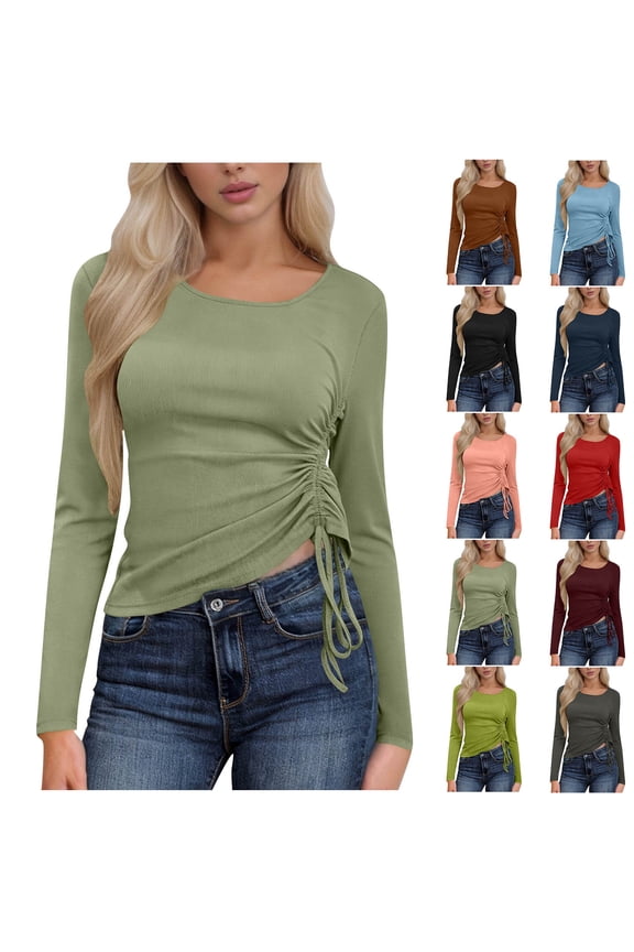 Women's Solid Color Round Neck Long Sleeve Drawstring Tie Front T-Shirt Pullover Top Loose Fit Casual Fashionable Shirt for Women | CSEONE,Green L
