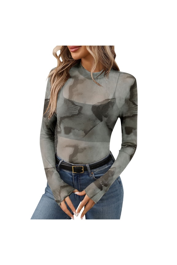 Women's Solid Color Round Neck Long Sleeve Mesh Blouse, Sexy High Neck See-Through T-Shirt, Casual Sheer Top for Fashionable Everyday Wear