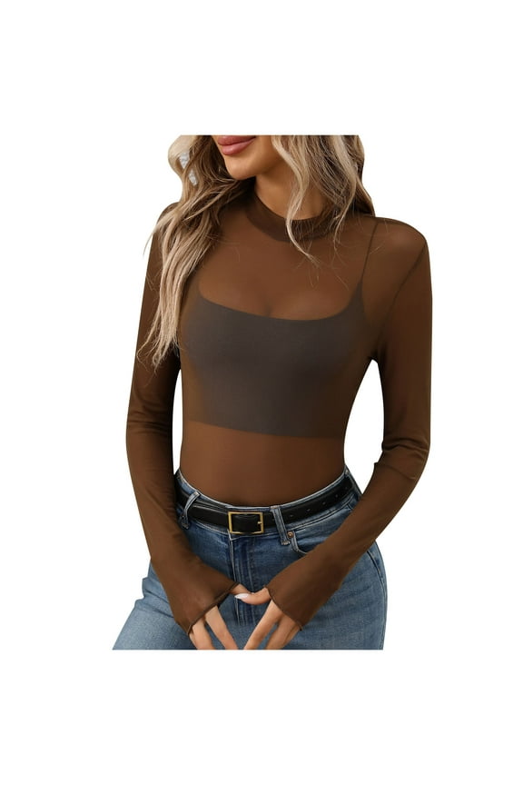 Women's Solid Color Round Neck Long Sleeve Mesh Blouse, Sexy See-Through High Neck T-Shirt, Casual and Elegant Sheer Top for Daily Wear