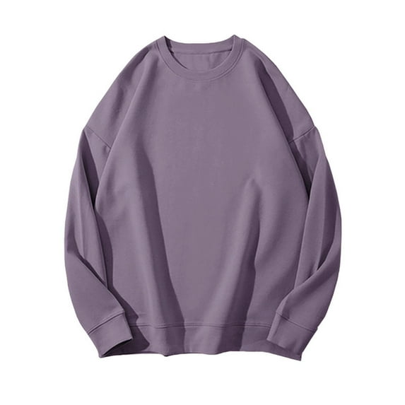 Women's Solid Color Round Neck Long Sleeve Pullover Sweatshirt, Loose Fit Casual T-Shirt Style Top, Comfortable Everyday Wear for Daily Life, Home, Vacation and Couple Matching Outfits Purple L