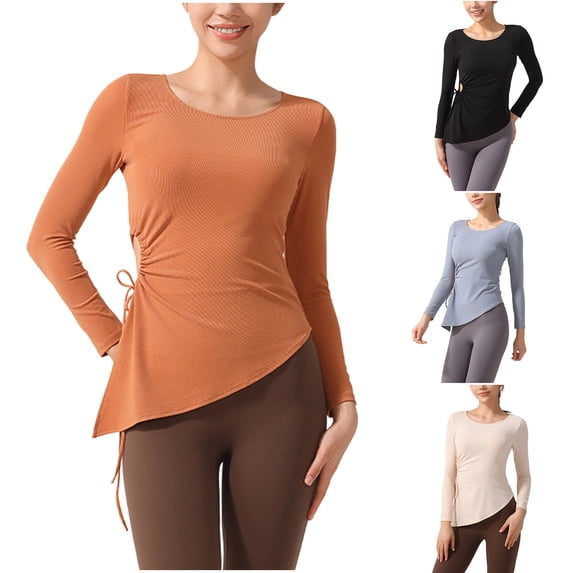 Women's Solid Color Round Neck Long Sleeve Tops Shirts Blouses Casual Loose Fit for Daily Wear Work Office Travel Fashion Essential | CSEONE,Brown L
