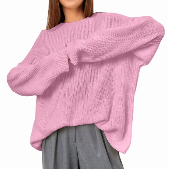 Women's Solid Color Round Neck Loose Knitted Pullover Sweater for Fall Winter Outfits Pink L