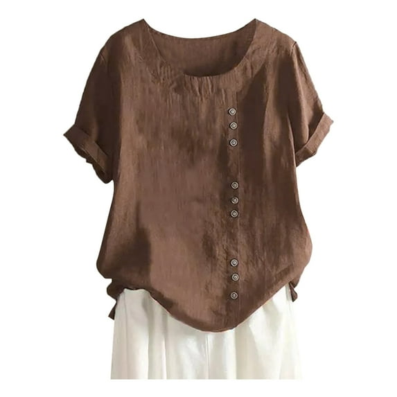 TYGHBN Women's Solid Color Round Neck Raglan Sleeve Hem Slit Loose Short Sleeve Button Decoration Casual Tops T Shirt Walking T Shirts Women T Shirts Solid Colors Women Hike Long Sleeve Shirt New Day