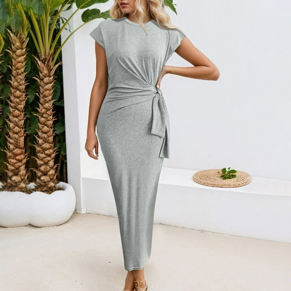 Women's Solid Color Round Neck Short Sleeved Summer Long Dress Button Dresses Summer Stripe Dress Beach Maxi Dresses Wrap Dresses for Women Casual Summer Summer Dresses Knee Length Summer Dresses for