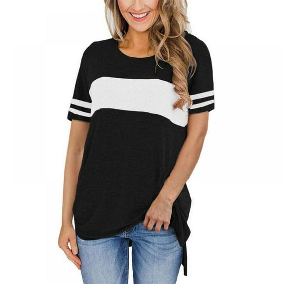 Women's Solid Color Round Neck Short-sleeved Splicing Shutdown T-shirt Top