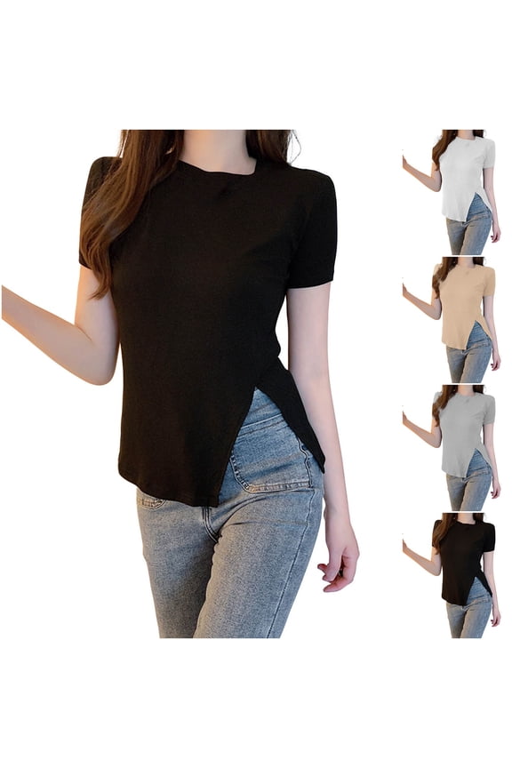 Women's Solid Color Round Neck Side Slit High Low Hem T-Shirt Tee Top Loose Fit Casual Fashion Summer Tops Gift for Her | CSEONE,Gray L