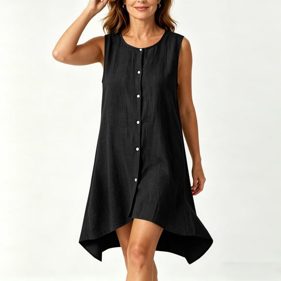 Women's Solid Color Round Neck Sleeveless Button Mini Dress for Summer Casual