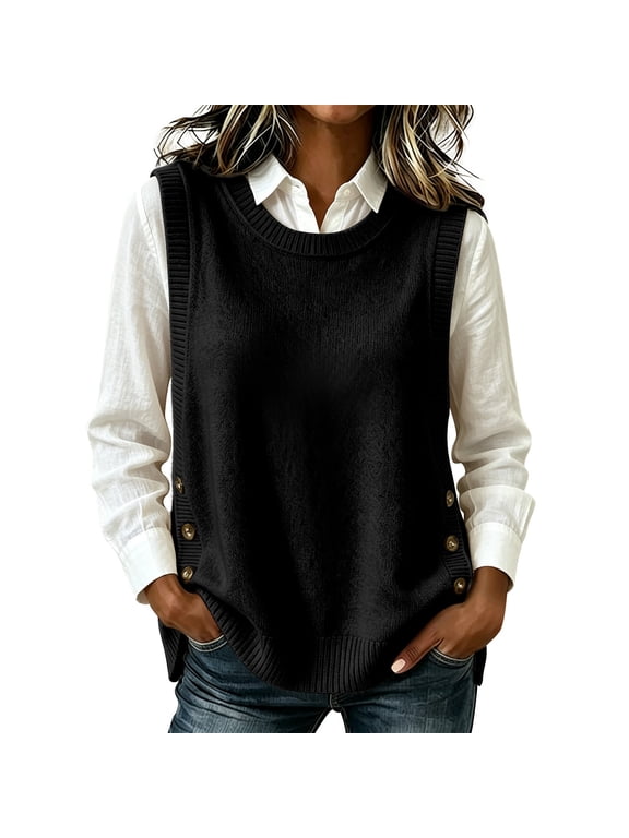 Women's Solid Color Round Neck Sleeveless Knit Vest Sweater Top Waistcoat, Side Button Decor Loose Asymmetric Hem, Soft Cozy Lightweight Layering for Spring Autumn Winter Casual Trip Weekend Black