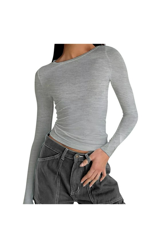 Women's Solid Color Round Neck Slim Long Sleeve Blouse Top Snap Closure - Polyester/Spandex - XS-XL