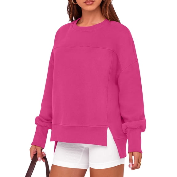 Women’s Solid Color Round Neck Sweatshirt Long Sleeve Loose Fit Pullover Tops with Split Hem Casual Fall Winter Outfits