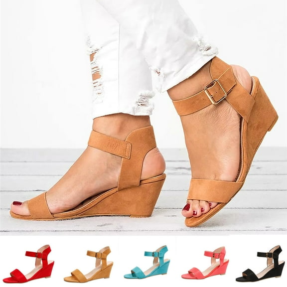 Women's Solid Color Round Toe Wedge Heel Buckle Suede Low Top Sandals Shoes Red qILAKOG Size 9.5