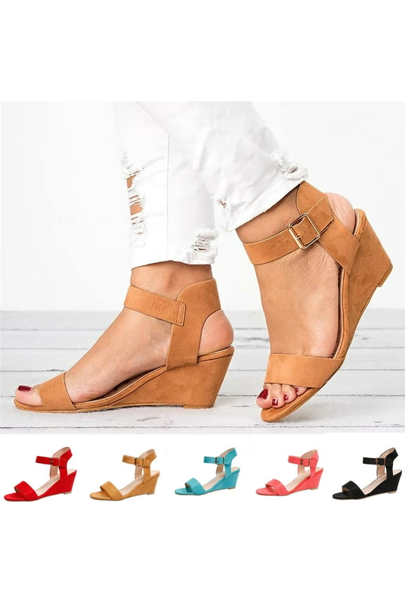 Women's Solid Color Round Toe Wedge Heel Buckle Suede Low Top Sandals Shoes Sky Blue qILAKOG Size 7.5