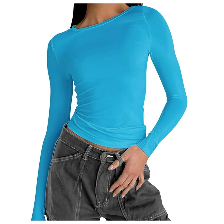 Women's Solid Color Rround Neck T Shirt Hot Girl Slim Long Sleeve Shirt Top  Blouse Womens Turtleneck Shirts Long Sleeve Short Sleeve Shirt Women 