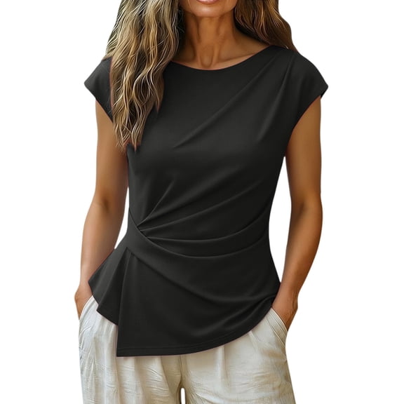 Women's Solid Color Ruched Asymmetrical T-Shirt for Spring & Summer, Womens 2026 Spring Short Sleeve Tops, Dressy Casual Peplum Shirts Outfit, Tunic Blouses Trendy Fashion Clothes Black M
