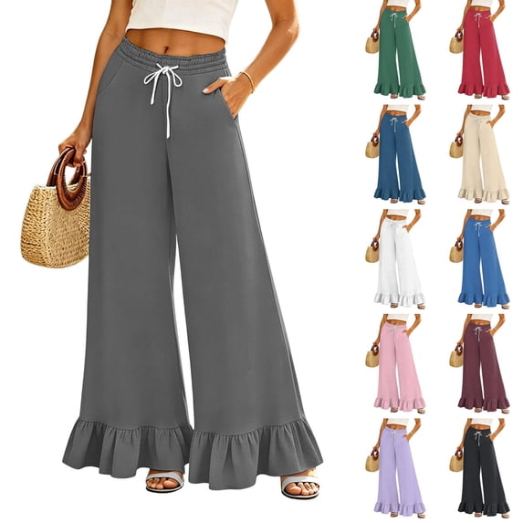 Women's Solid Color Ruffle Hem Wide Leg Pants - High Waisted Palazzo Trousers with Pockets, Flowy Drawstring Casual Lounge Pants Black L