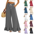 thumbnail image 1 of Women's Solid Color Ruffle Hem Wide Leg Pants - High Waisted Palazzo Trousers with Pockets, Flowy Drawstring Casual Lounge Pants Dark Blue S, 1 of 7