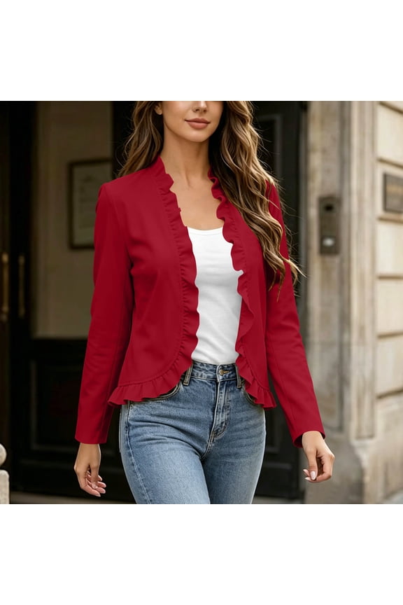 Women's Solid Color Ruffle Trim Long Sleeve Cardigan Coat