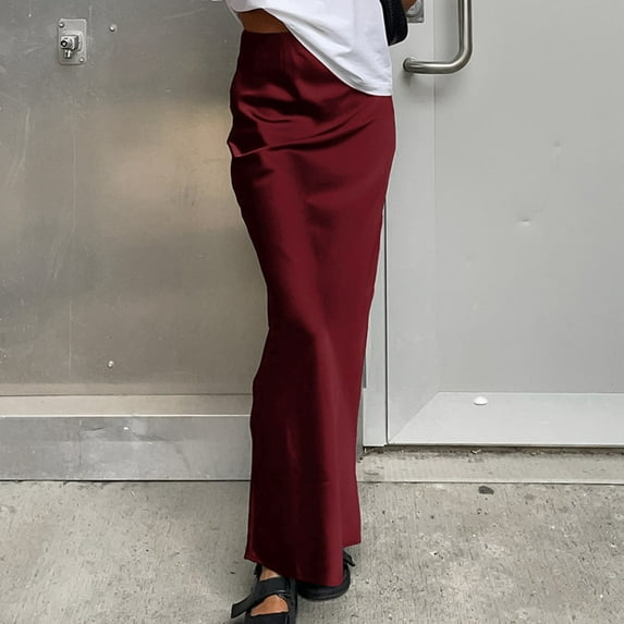 Women's Solid Color Satin Ice Silk Midi Skirt Casual Commute Long Pencil Skirt Bodycon Skirt Rainbow Skirt Leather Skirt for Women Girls Hoop Skirt Ruched Skirt Bathing Suit Skirt Bottoms for Women