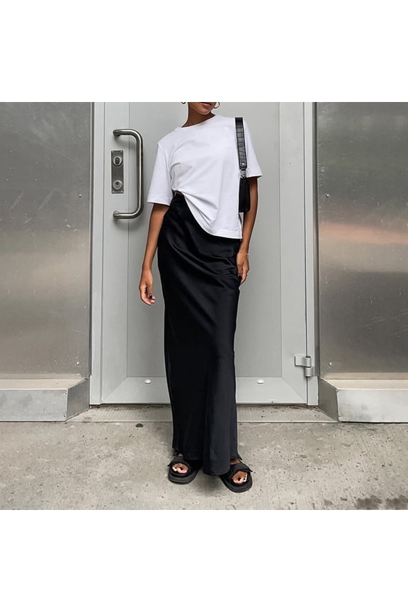 Women's Solid Color Satin Ice Silk Midi Skirt Casual Commute Long Pencil Skirt Bodycon Skirt Rainbow Skirt Leather Skirt for Women Girls Hoop Skirt Ruched Skirt Bathing Suit Skirt Bottoms for Women