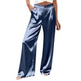 thumbnail image 1 of Women's Solid Color Satin Loose Straight Leg Pants With Button And Zipper Elastic Waist, 1 of 4