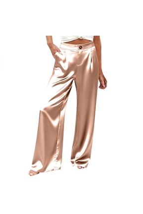 Women's Solid Color Satin Loose Straight Leg Pants With Button And Zipper Elastic Waist