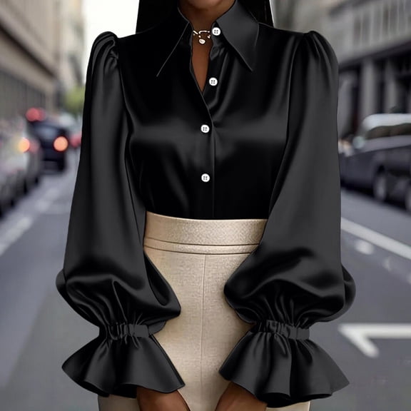 Women's Solid Color Satin Shirt, Puff Sleeve Turn-Down Collar Button Down Blouse, Elegant Office Work Blouse and Casual Date Night Top for Women Black M