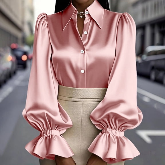 Women's Solid Color Satin Shirt, Puff Sleeve Turn-Down Collar Button Down Blouse, Elegant Office Work Blouse and Casual Date Night Top for Women Pink M