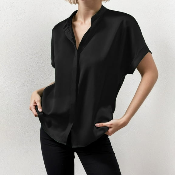 Women's Solid Color Satin Short Sleeved Shoulder Collar Short Sleeved Shirt Fall Shirt for Women Large Button down Shirt Flannel Shirt Button down Women's Button down Shirts Button up Thermal Shirts