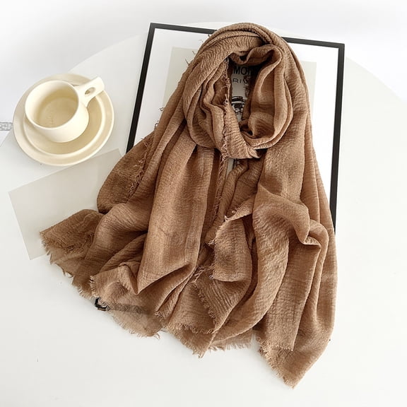 Women's Solid Color Scarf, Cotton Blend Lightweight Linen Like Shawl with Fringed Edges, Oversized Scarf for Travel and Spring Summer Coffee