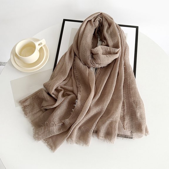 Women's Solid Color Scarf, Cotton Blend Lightweight Linen Like Shawl with Fringed Edges, Oversized Scarf for Travel and Spring Summer Khaki
