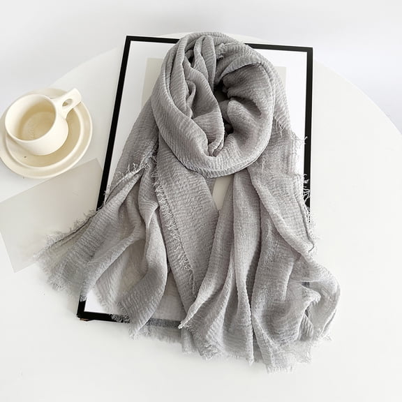 Women's Solid Color Scarf, Cotton Blend Lightweight Linen Like Shawl with Fringed Edges, Oversized Scarf for Travel and Spring Summer Light Ashy