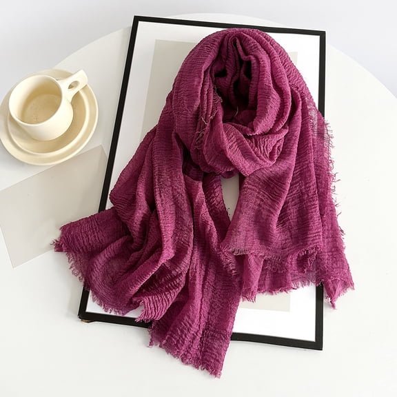 Women's Solid Color Scarf, Cotton Blend Lightweight Linen Like Shawl with Fringed Edges, Oversized Scarf for Travel and Spring Summer Purple