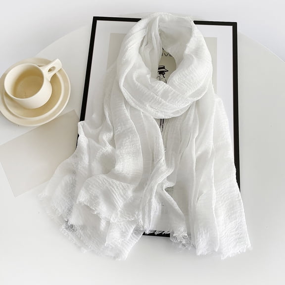 Women's Solid Color Scarf, Cotton Blend Lightweight Linen Like Shawl with Fringed Edges, Oversized Scarf for Travel and Spring Summer White