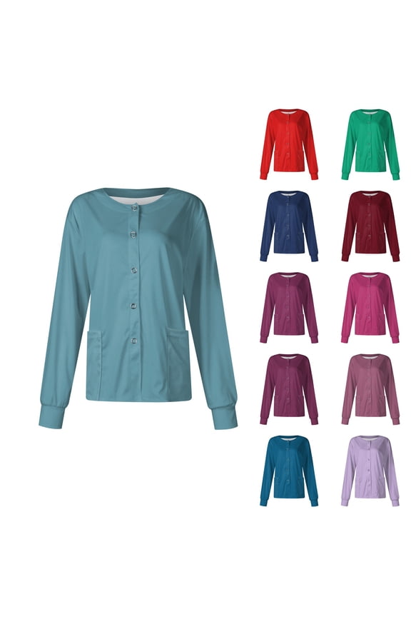 Women's Solid Color Scrub Jacket, Button Front Long Sleeve Medical Uniform Cardigan with Pockets, Warm Layer for Nurses, Healthcare Workers Pink M