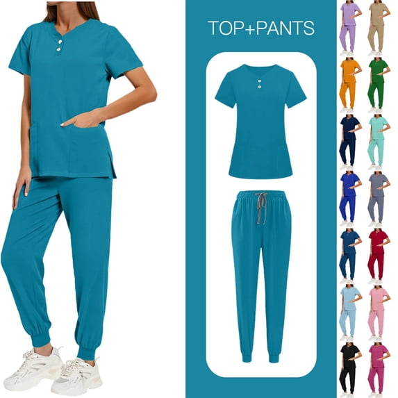 Women's Solid Color Scrubs Set - Loose Fit V-Neck Button Down Top with Side Slits Drawstring Jogger Pants, Multi-Pocket Nursing Medical Uniform for Hospital Clinic, Healthcare Workers
