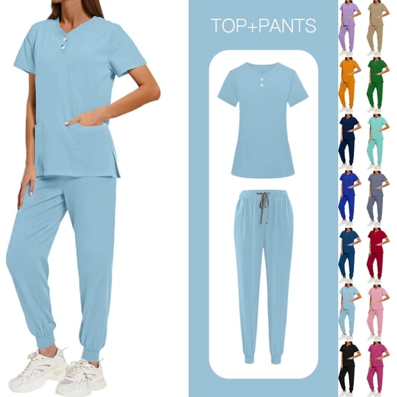 Women's Solid Color Scrubs Set - Loose Fit V-Neck Button Down Top with Side Slits Drawstring Jogger Pants, Multi-Pocket Nursing Medical Uniform for Hospital Clinic, Healthcare Workers