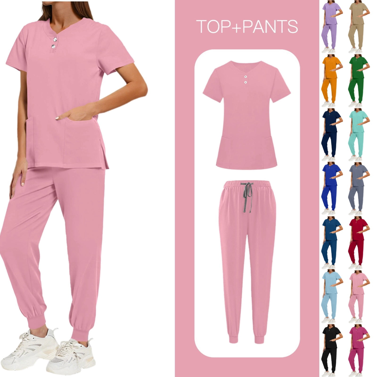 Women's Solid Color Scrubs Set - Loose Fit V-Neck Button Down Top with Side Slits Drawstring Jogger Pants, Multi-Pocket Nursing Medical Uniform for Hospital Clinic, Healthcare Workers
