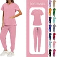 thumbnail image 1 of Women's Solid Color Scrubs Set - Loose Fit V-Neck Button Down Top with Side Slits Drawstring Jogger Pants, Multi-Pocket Nursing Medical Uniform for Hospital Clinic, Healthcare Workers, 1 of 10