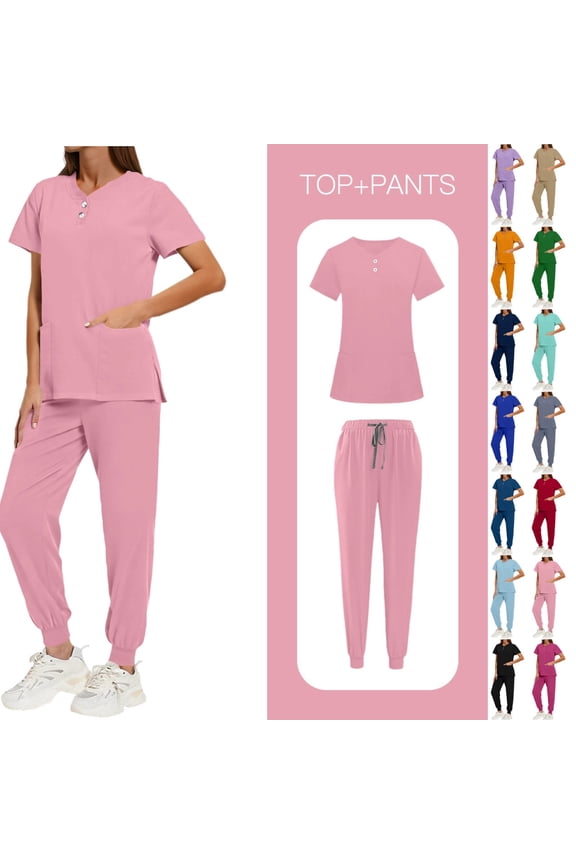 Women's Solid Color Scrubs Set - Loose Fit V-Neck Button Down Top with Side Slits Drawstring Jogger Pants, Multi-Pocket Nursing Medical Uniform for Hospital Clinic, Healthcare Workers