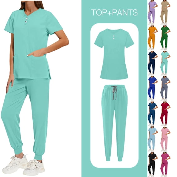 Women's Solid Color Scrubs Set - Loose Fit V-Neck Button Down Top with Side Slits Drawstring Jogger Pants, Multi-Pocket Nursing Medical Uniform for Hospital Clinic, Healthcare Workers