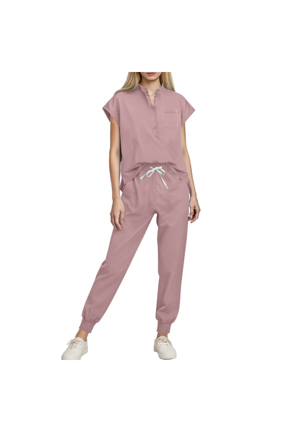 Women's Solid Color Scrubs Set, Mandarin V-Neck Short Sleeve Top with Pocket & Drawstring Jogger Pants, Comfortable Medical Workwear for Nurses, Healthcare Workers & Dental Hygienists