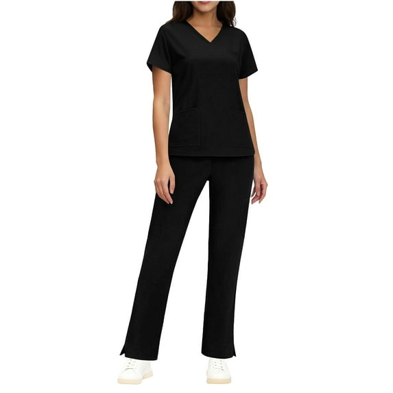 Women's Solid Color Scrubs Set, Mandarin V-Neck Short Sleeve Top with Pocket & Drawstring Jogger Pants, Comfortable Medical Workwear for Nurses, Healthcare Workers & Dental Hygienists