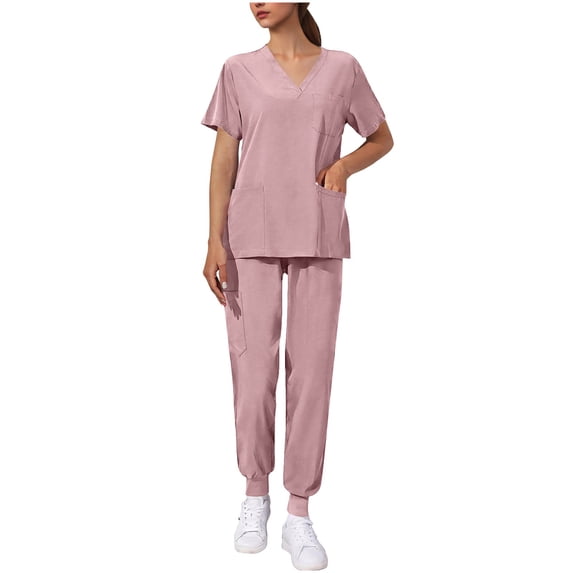 Women's Solid Color Scrubs Set, Mandarin V-Neck Short Sleeve Top with Pocket & Drawstring Jogger Pants, Comfortable Medical Workwear for Nurses, Healthcare Workers & Dental Hygienists