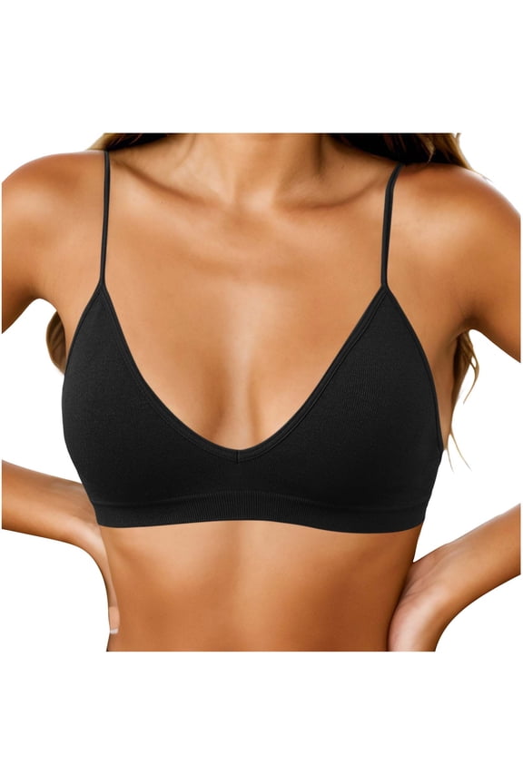 Women's Solid Color Seamless Wireless Bralette with Spaghetti Straps, Deep V-Neck Ribbed Bra, Comfortable Unlined Lounge Top for Everyday Wear and Light Support