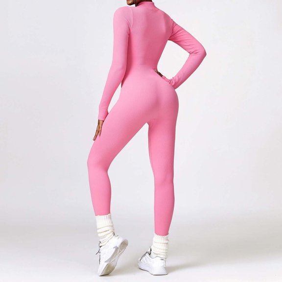 Women's Solid Color Seamless Yoga Jumpsuit Long Sleeve Trousers Zipper Tight Tracksuit Eyelet Jumpsuit Tall Bodysuit for Women Womens Culottes off The Shoulder Jumpsuits for Women Overall for Woman