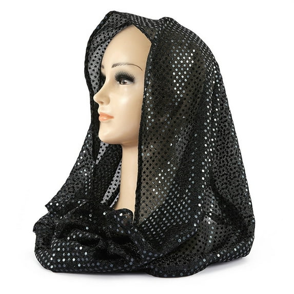 Women's Solid Color Sequin Head Scarf, Lightweight Sparkly Shawl Wrap, Sheer Glitter Scarf, Evening Party Headwear, Stage Performance Scarf, Delicate Dressy Accessory - Black