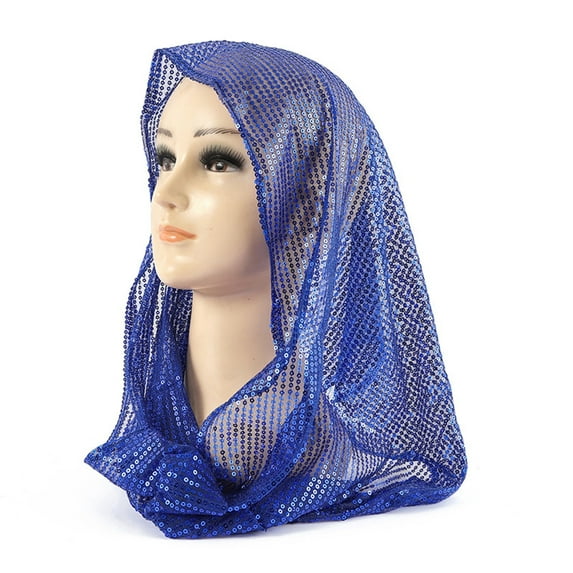 Women's Solid Color Sequin Head Scarf, Lightweight Sparkly Shawl Wrap, Sheer Glitter Scarf, Evening Party Headwear, Stage Performance Scarf, Delicate Dressy Accessory - Blue