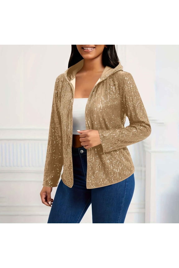 Women's Solid Color Sequin Hooded Jacket, Long Sleeve Glitter Open Front Cardigan, Sparkly Cover-Up, Casual Evening Wear, Shimmering Loungewear, Party Jacket Khaki